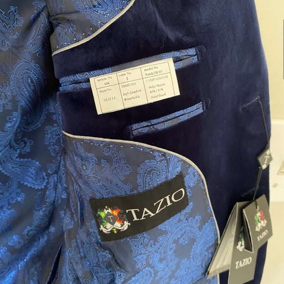 NWT Tazio Navy Velvet Notch Lapel Tuxedo Jacket Blazer Fully Lined size 38 - Picture 8 of 12